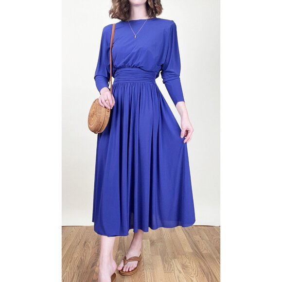 Vintage Draped Pleated Open Back Midi Dress Long Sleeve Wedding Guest 80s 90s - Picture 1 of 8